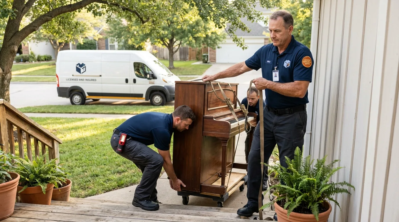 Licensed piano movers securing grand piano in Hernando, MS