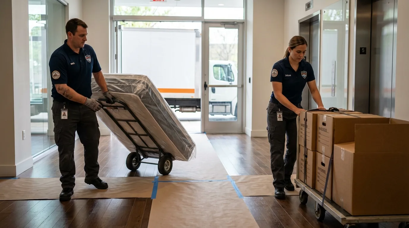 Professional apartment movers loading elevator in Hernando, MS