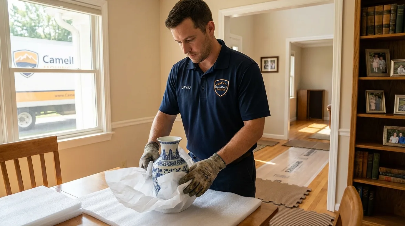 Professional crew carefully wrapping antique vase for senior downsizing move in Hernando, MS